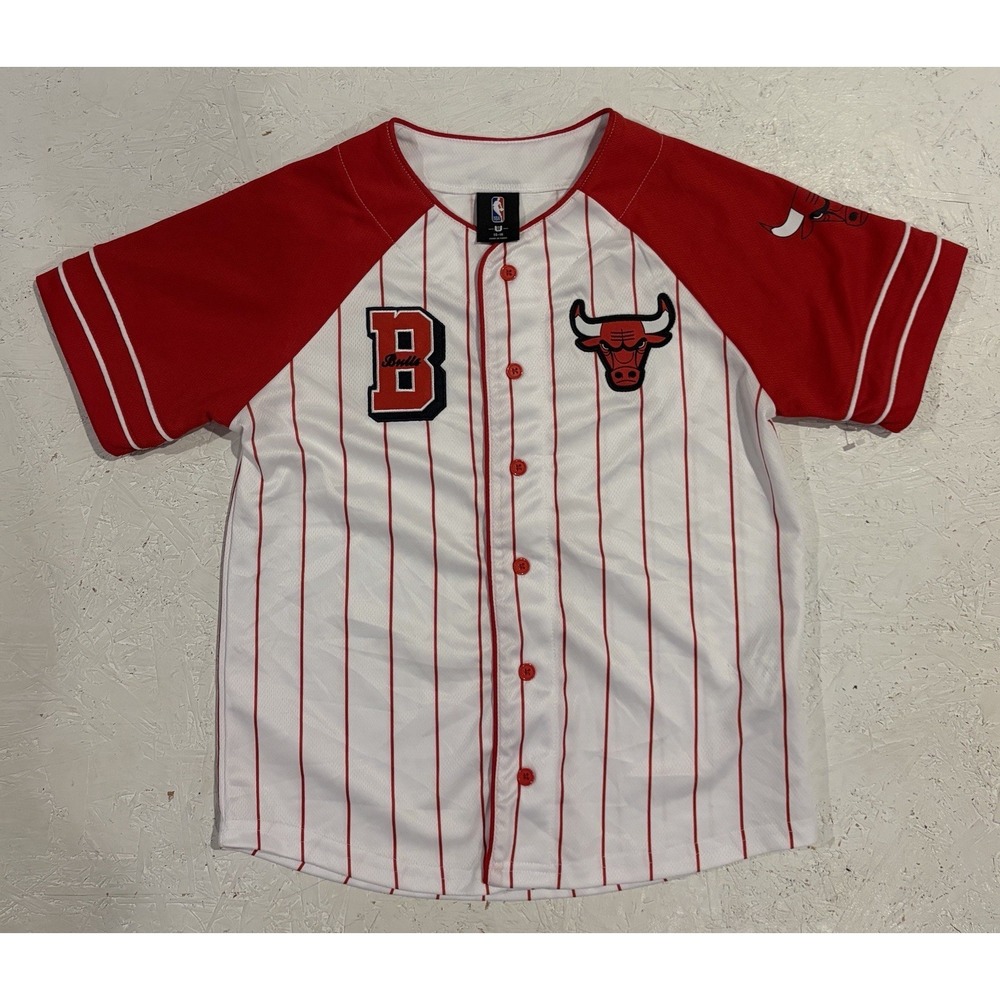 NBA‎ Chicago Bulls Baseball Jersey Youth L White Red Shirt Basketball Striped